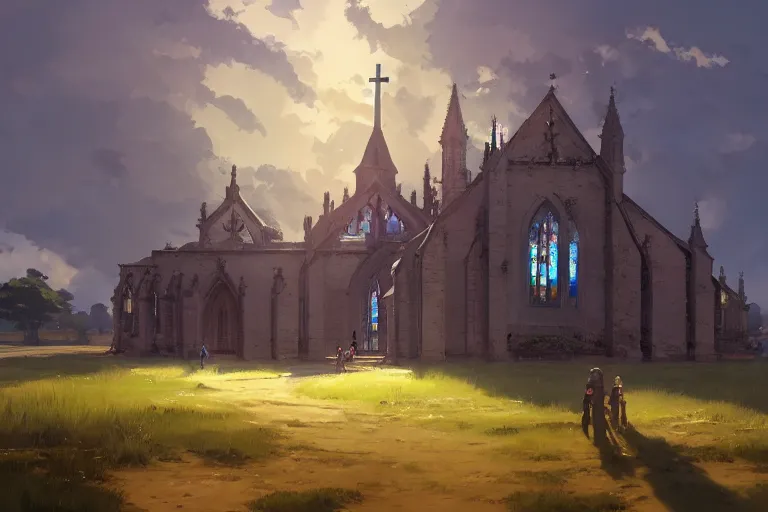 Image similar to concept art of a huge church with chain drive aka churchtank in an open field, key visual, ambient lighting, highly detailed, digital painting, artstation, concept art, sharp focus, by makoto shinkai and akihiko yoshida and hidari and greg manchess