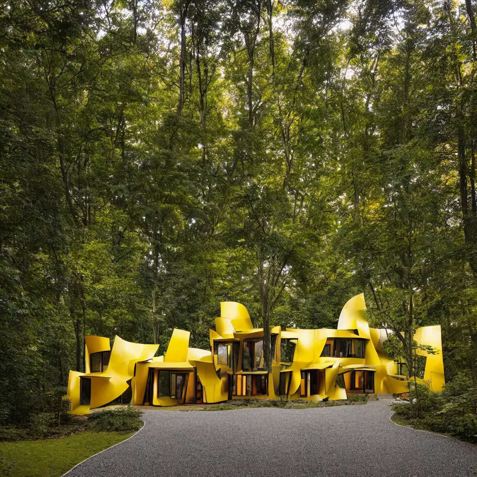 Prompt: a house in a light forest clearing, designed by Frank Gehry. Tiles. Gravel pathway with parking. Film grain, cinematic, yellow hue