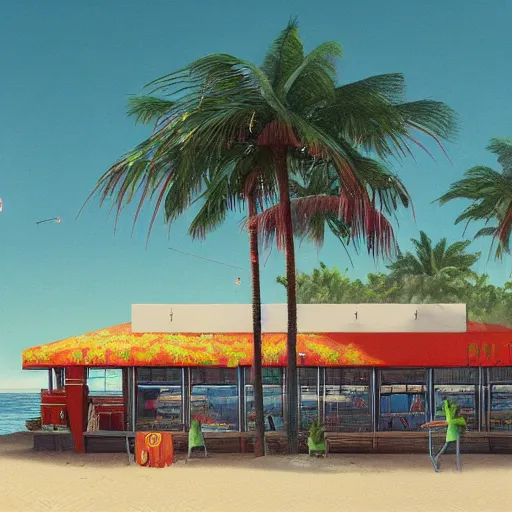 Image similar to inside beachfront fast food restaurant with palm trees by simon stalenhag