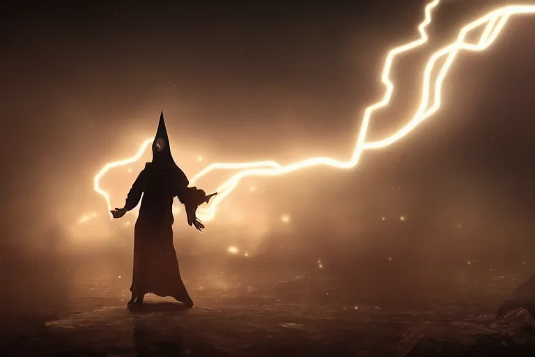 Image similar to techno-wizard, lightening, cyberpunk, occult, dark, summoning ritual, dugeon, photo realistic, cinematic lighting, epic composition, foggy, dark atmosphere, dark magic atmosphere, highly detailed