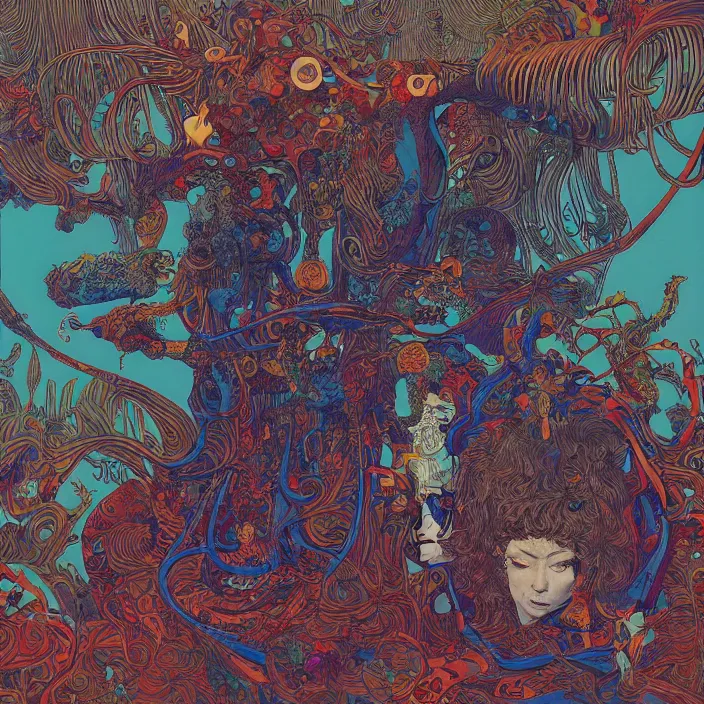 Prompt: lp cover of a 7 0's progressive rock album by james jean and moebius, 4 k