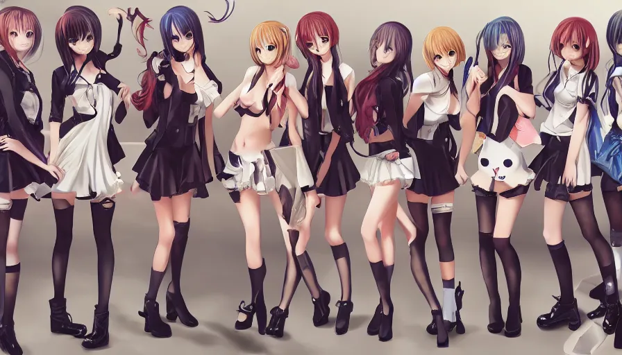 Image similar to group of cute anime characters in very short miniskirts, lightly dressed, ultra detailed digital art, hyper real, detailed, group photo, ultra detailed, ground up angle