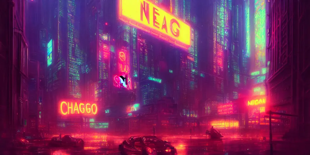 Image similar to Chicago by Neon Light, in the style of Cyberpunk Impressionism, Krenz Cushart, Moebius, and Muchain, Prismatic, Rococo, Pearlescent, reflective, shimmering, highly detailed, masterpiece, dreamy, concept art, Cinema lighting, 8k, trending on artstation