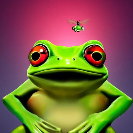 Image similar to a cartoon frog with large eyes and a fly in his head, looking up at the fly, detailed, artstation, 4 k