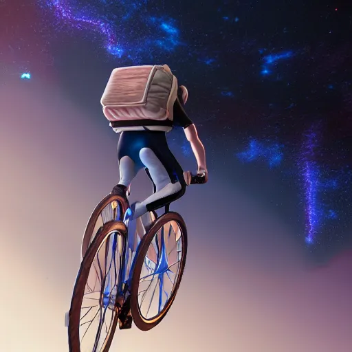 Prompt: A portrait of a man riding a bicycle in space, backlight, volumetric lighting, detailed, trending on artstation, 8k, octane render