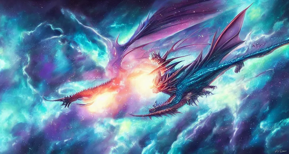 Prompt: single large blue dragon flying through nebula, by artgerm