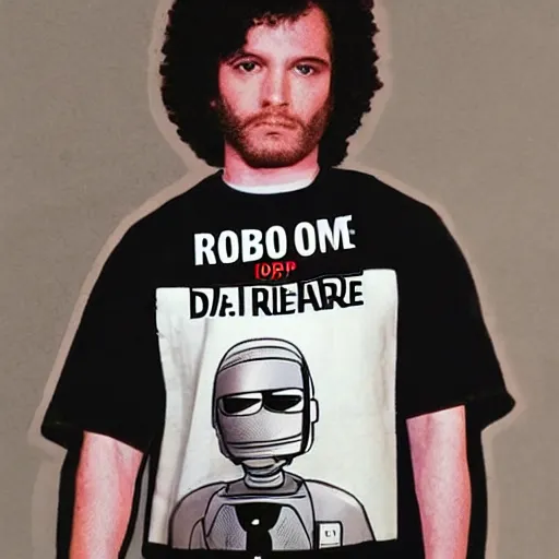 Prompt: robocop wearing d. a. r. e shirt