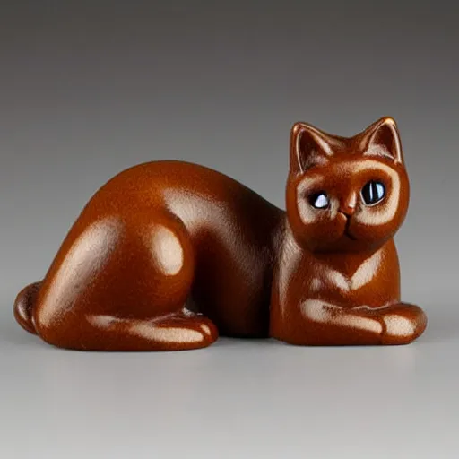 Image similar to demure anthropomorphic cat figurine wearing a kimono, brown resin, highly detailed, intricate, monotone, shy looking down