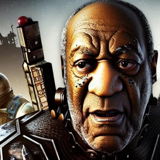 Image similar to Bill Cosby as 'Crusader-Patriot-Knight'!! in Gears of War, splash art, movie still, detailed face, photorealistic facial features, cinematic lighting, dramatic, octane render, long lens, shallow depth of field, bokeh, anamorphic lens flare, 8k, hyper detailed, 35mm film grain