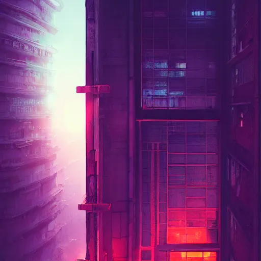 Image similar to One dilapidated building with only one window glowing. ArtStation, Cyberpunk, Vertical Symmetry, 8K, Highly Detailed, Intricate, Album Art.