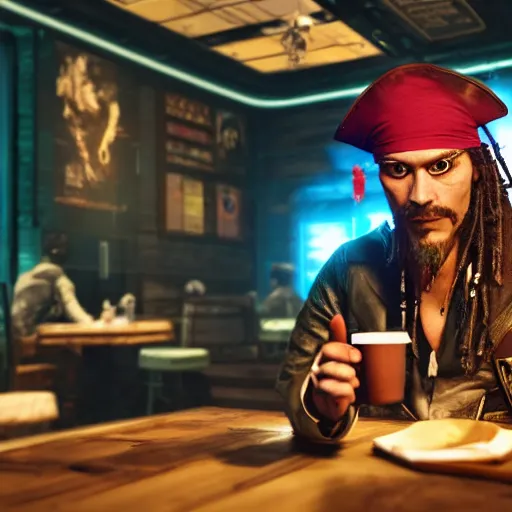 Image similar to a high quality portrait of a pirate in a cyberpunk cafe realism 8k