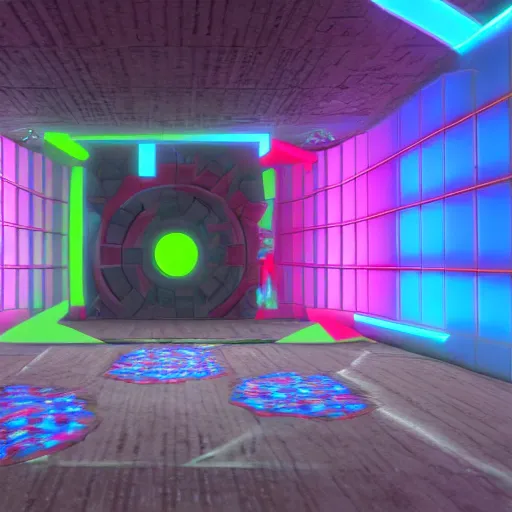 Image similar to a room, from the floor 3 giant colored holes are spotted. unreal engine