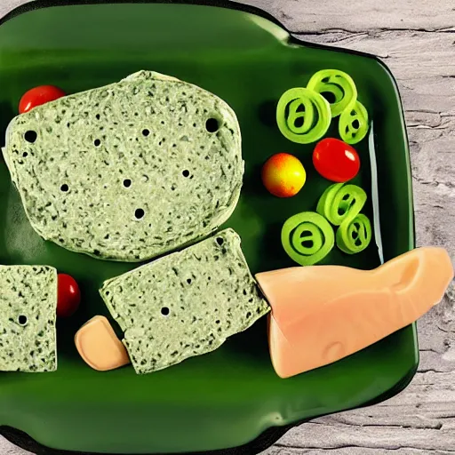 Prompt: cartoon green cheese with holes