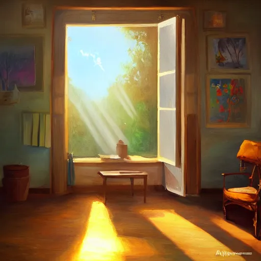 Image similar to happy morning and the rays of the morning sun shining through the window of the village house clear sky, warm colors, silent mood, oil painting, high detail, trending on artstation