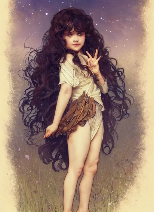 Prompt: A cute little girl with short curly brown hair. She is standing in a field at night looking up and the sky is filled with constellations. beautiful fantasy art by By Artgerm and Greg Rutkowski and Alphonse Mucha, trending on artstation.