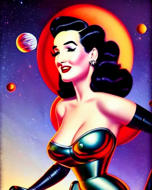 Prompt: closeup beautiful retro space dita von teese posing with a chrome robot in diesel punk city at night, pinup, windblown dark hair, seductive, hyper detailed, digital art, smooth, sharp focus, gil elvgren, anna dittmann alberto vargas, 1 9 5 0, when mars attacks