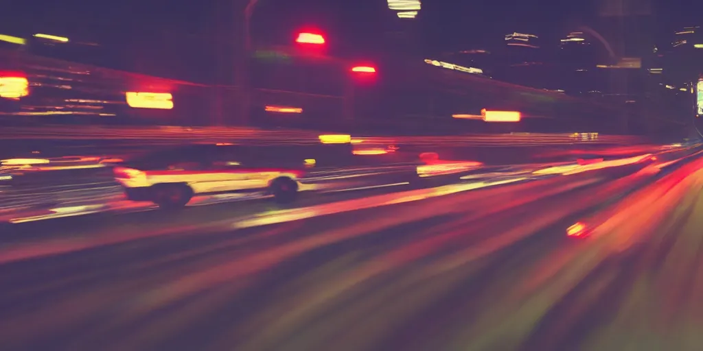 Image similar to 8 0 s neon movie still, high speed car chase on the highway at night with bright city in background, medium format color photography, 8 k resolution, movie directed by kar wai wong, hyperrealistic, photorealistic, high definition, highly detailed, tehnicolor, anamorphic lens, award - winning photography, masterpiece