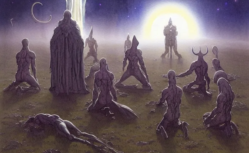 Image similar to a hyperrealist watercolour character concept art portrait of a group of pagan men kneeling down in prayer to a tall elegant lovecraftian alien on a misty night on the moors of ireland. a battlecruiser starship is in the background. by rebecca guay, michael kaluta, charles vess and jean moebius giraud