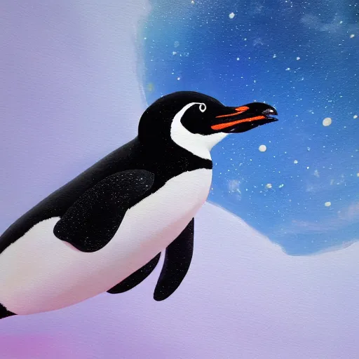 Image similar to a penguin floating in space, 4K, painting, detailed, beautiful, dramatic, artstation, light, dark, penguin, penguin, detailed penguin,