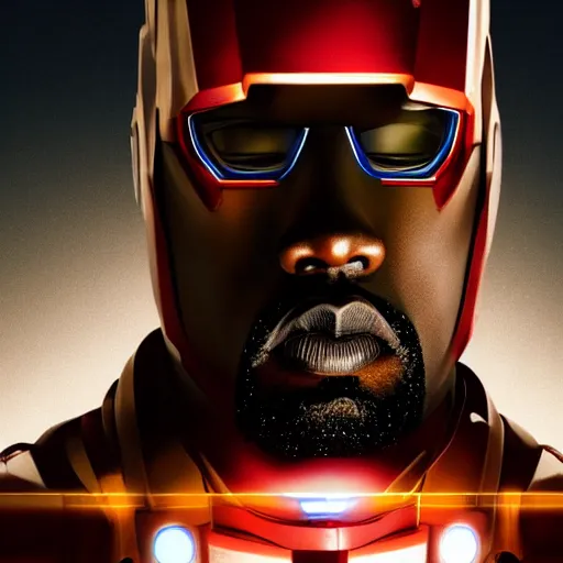 Image similar to Portrait of Kanye West in a Ironman-suit, splash art, movie still, cinematic lighting, dramatic, octane render, long lens, shallow depth of field, bokeh, anamorphic lens flare, 8k, hyper detailed, 35mm film grain