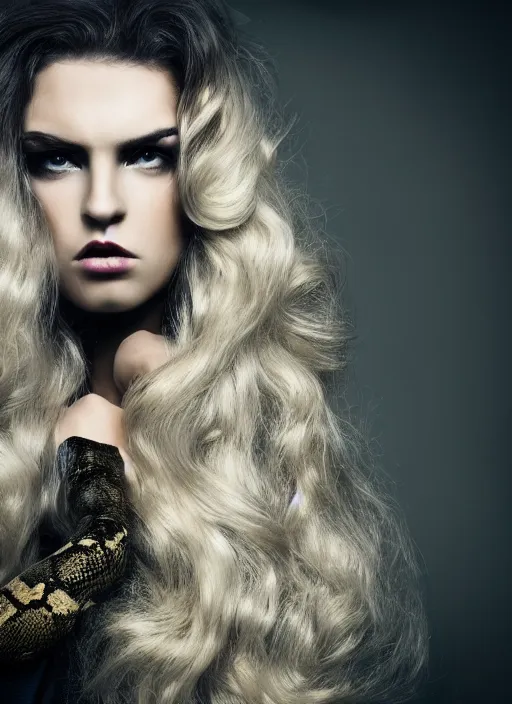 Prompt: dramatic photo of a woman with super wavy snake marble hair. moody and melanchonic. with a bit of gold