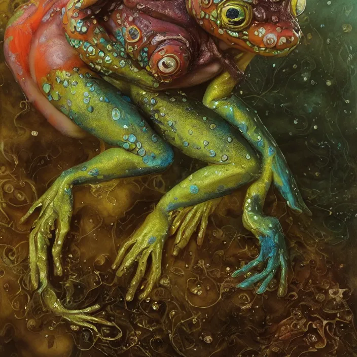 Prompt: a portrait photograph of sadie sink as a brightly colored amphibian with wet mutated skin. she wearing a tactical suit and has many body modifications. by tom bagshaw, donato giancola, hans holbein, walton ford, gaston bussiere, brian froud, peter mohrbacher and magali villeneuve. 8 k, fashion editorial, cgsociety