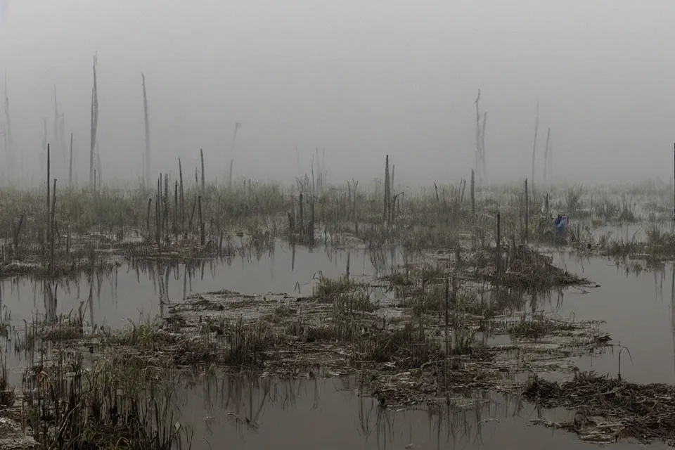 Prompt: A swamp with many natural stone spikes rising from the water. A concrete and steel structure is impaled by taller spikes in the distance shrouded by fog