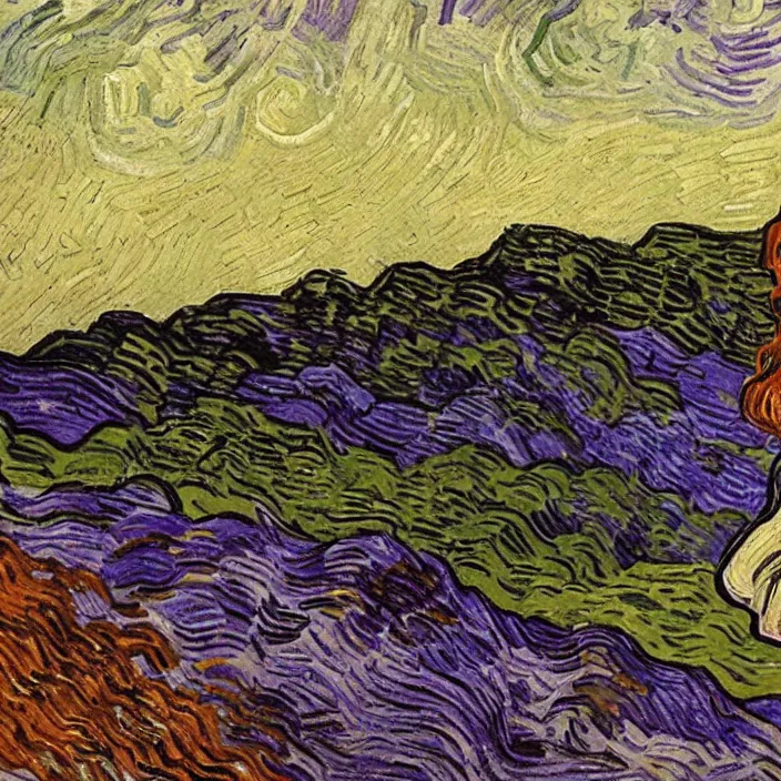 Image similar to woman with brown hair running up a hill, purple colors, painting by van gogh