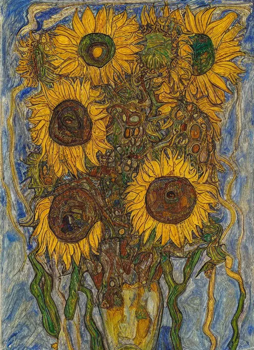 Prompt: an intricate drawing from observation of intertwined sunflowers, some sunflowers dead, some are blooming or crumbling, by Egon Schiele and Piet Mondrian, colors of Mark Rothko