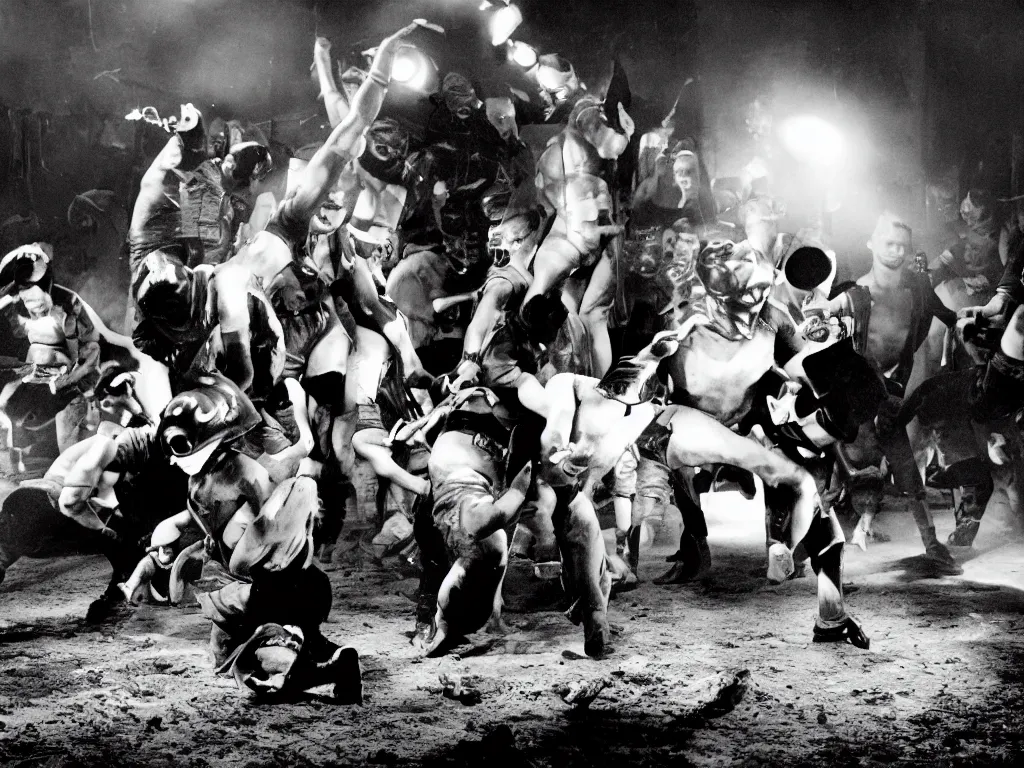 Image similar to photograph of the war of the luchadors : : 5, luchadors : : 4, war : : 3, action scene, dramatic lighting, cinematic, nineteen twenties, vintage, avant garde cinema, dada style, highly realistic, ultra detailed, black and white, by david lynch : : 3, in the style of the movie eraserhead