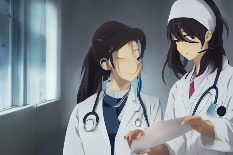 Prompt: a cute young female doctor wearing white coat are working in an emergency room , slice of life anime, cinematic, lighting, 8kHDR, anime scenery by Makoto shinkai