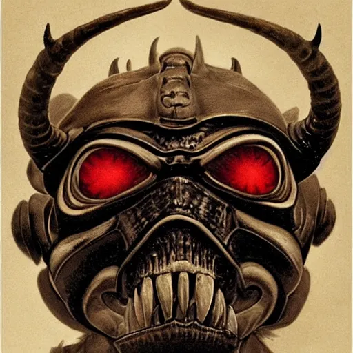 Image similar to close up front view of a demonic horned stormtrooper with compound eyes, symmetrical, by jean - baptiste monge!!!!!!!!!!!!!!!!!!!!!!!!!!!