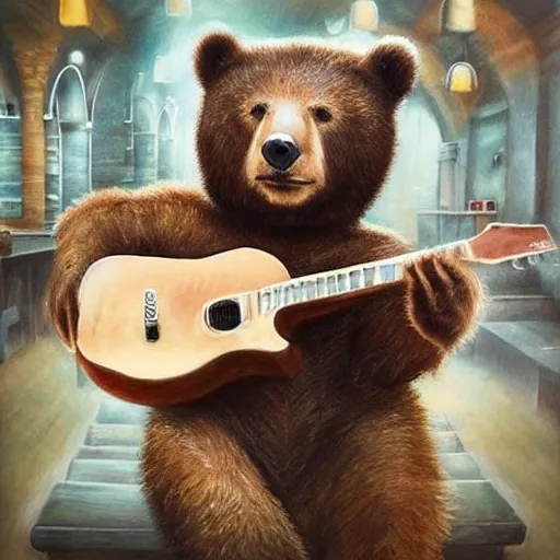 Prompt: realistic bear playing guitar in Subway, fantasy, epic detail, sharp, photorealistic, atmospheric,