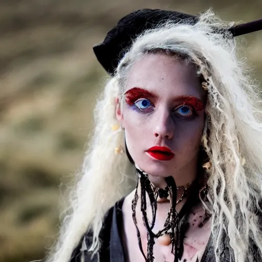 Image similar to a beautiful english woman with a long face narrow nose pale skin blue eyes red lips and wild messy tangles of curly white blonde hair, high resolution film still wearing a black robe and skull necklace and holding a spear, sandy, a journey to the west