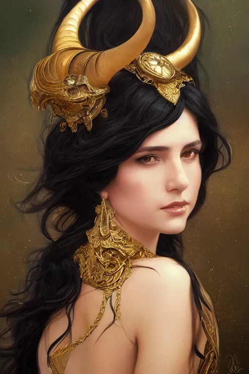 Image similar to a beautiful woman with long black hair, big natural ram horns on her head, flowing dress, gold jewellery, dnd, face, fantasy, intricate, elegant, highly detailed, digital painting, artstation, concept art, smooth, sharp focus, illustration, art by artgerm and greg rutkowski and alphonse mucha