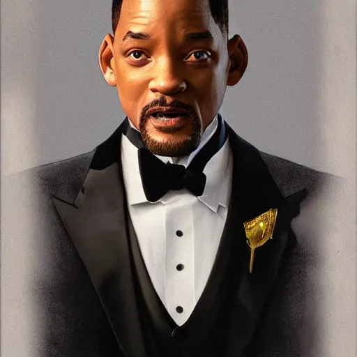 Image similar to will smith wearing a tuxedo, portrait, highly detailed, digital painting, artstation, concept art, sharp focus, illustration, art by artgerm and greg rutkowski and alphonse mucha