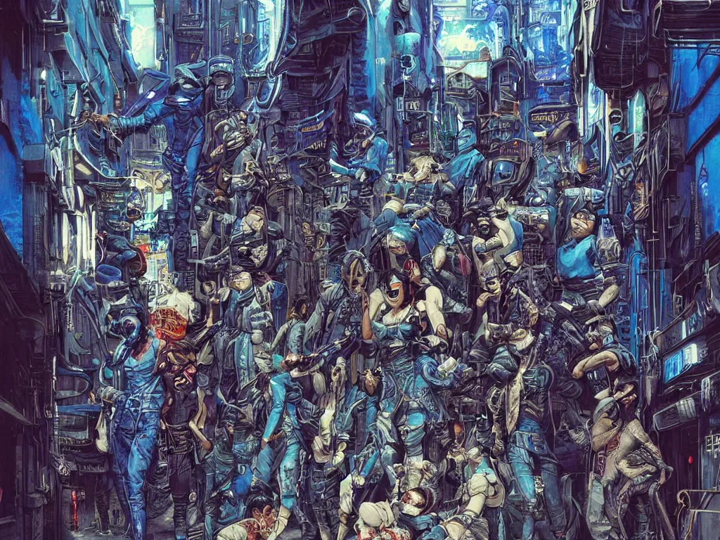 Image similar to a cyberpunk gang in the alleyway between art deco buildings, graffiti, fine detail, intricate, polished, blue color scheme, digital art, illustration, by john smith and noriyoshi ohrai