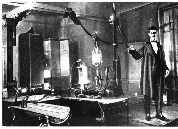 Image similar to Nikola Tesla In an Electric room shocked to the eyes commanding electric current with his hands, award winning Hollywood movie