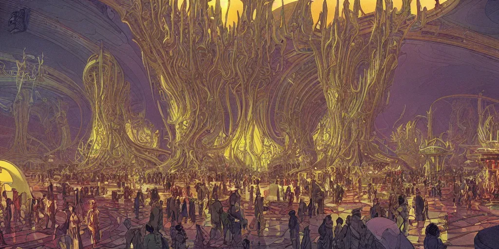 Prompt: a cinematic shot of the interior of a sci - fi space station with ornate elven architecture bustling with people by jean giraud moebius, crystalline, emerald, matte illustration by moebius