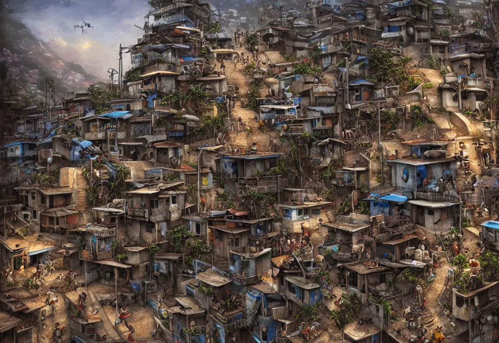 Prompt: photorealistic favela rio with precise rendered guns with intricate details of gun happy people in by Justin Gerard