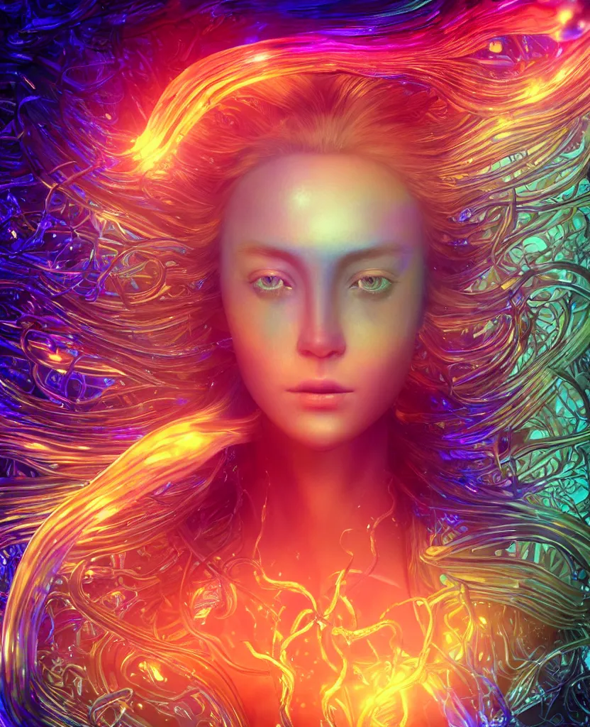 Image similar to iridescent close-up macro portrait of the face of a beautiful princess, epic angle and pose, symmetrical artwork, 3d with depth of field, blurred background, cybernetic jellyfish female face skull phoenix bird, translucent, nautilus, energy flows of water and fire. a highly detailed epic cinematic concept art CG render. made in Maya, Blender and Photoshop, octane render, excellent composition, cinematic dystopian brutalist atmosphere, dynamic dramatic cinematic lighting, aesthetic, very inspirational, arthouse. y Greg Rutkowski, Ilya Kuvshinov, WLOP, Stanley Artgerm Lau, Ruan Jia and Fenghua Zhong