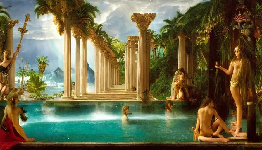 Prompt: Inside the Palace of the occult, mediterranean balustrade and columns, refracted sparkles, thunderstorm, greek pool, beach and Tropical vegetation on the background major arcana sky and occult symbols, by paul delaroche, hyperrealistic 4k uhd, award-winning, very detailed paradise