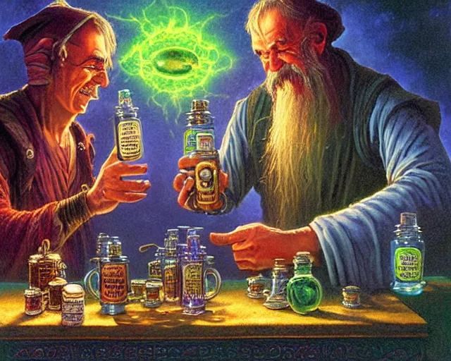 Image similar to A richly detailed fantasy digital art of an ancient vintage apothecary magic arcane nebula healing elixir potion bottle trading card an esoteric blender render by Bob Eggleton, two jolly wizards enthusiastically drinking and imbibing magic potions