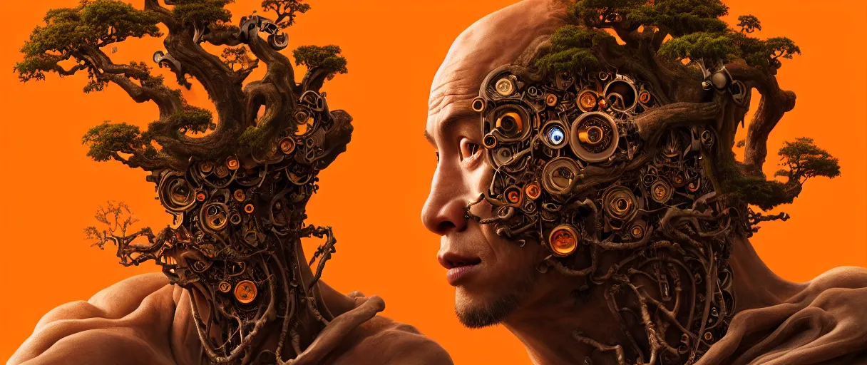 Prompt: hyperrealistic hyper detailed rococo 35mm portrait of handsome cyborg monk praying to a giant oak tree matte painting concept art key sage hannah yata very dramatic orange lighting low angle hd 8k sharp shallow depth of field