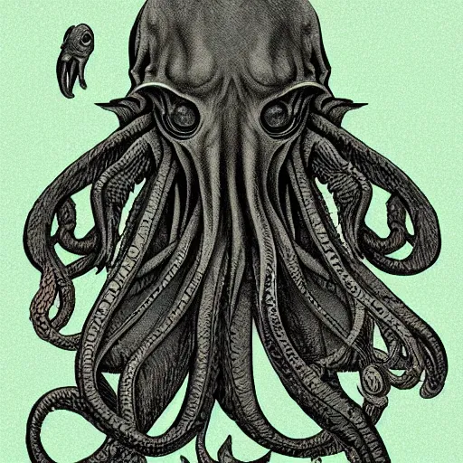 Image similar to 2d cthulhu illustration, simplified forms, high detail, in the style of Beistle studio lighting