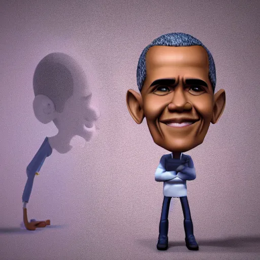 Prompt: hyperdetailed 3 d cartoon render of cartoon barackb obama in a confident expressive pose, cartoon eyes!!!!! cute, exaggarated facial features, cute cartoon style, white background, low angle shot, cinematic studio lighting, studio quality, octane render, unreal engine 5, trending on artstation, art by sebastian jm, 8 k