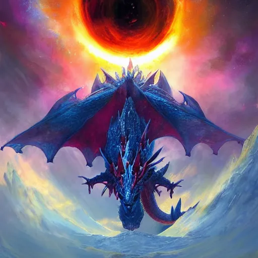 Prompt: prompt crystalline dragon, blue dragon, dragon in space, dragon devouring a planet, sun system, nebula, oil painting, by Fernanda Suarez and and Edgar Maxence and greg rutkowski