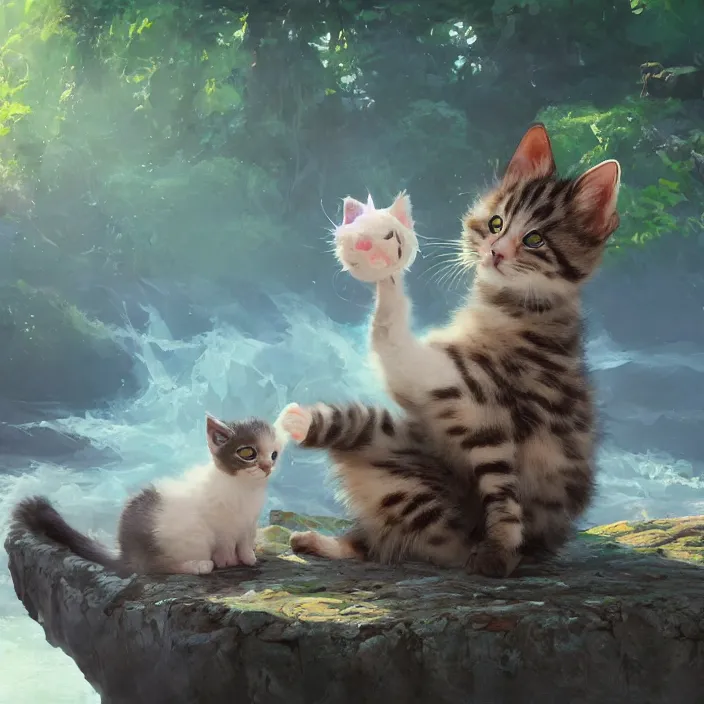 Image similar to a painting of a cute kitten at a river. character design by cory loftis, fenghua zhong, ryohei hase, ismail inceoglu and ruan jia. volumetric light, detailed, rendered in octane