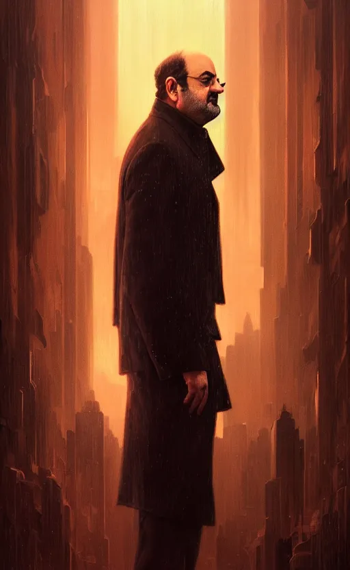 Image similar to portrait of salman rushdie in the dark, deep focus, blade runner 2 0 4 9, fantasy, intricate, elegant, highly detailed, digital painting, artstation, concept art, matte, sharp focus, illustration, art by artgerm and greg rutkowski and alphonse mucha