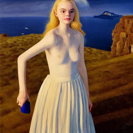 Image similar to Elle Fanning in Santorini at night, head and shoulders portrait, stormy weather, extremely detailed masterpiece, Roger Deakin’s cinematography, oil on canvas, Edward Hopper,